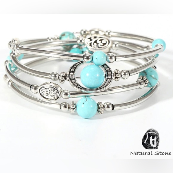 NWT - Western Turquoise Natural Stone Multi Layer Bangle Bracelet - Picture 2 of 5